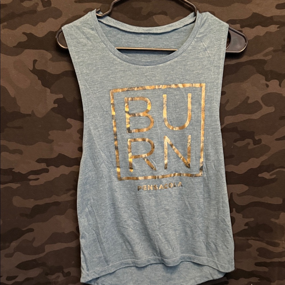 Women’s Light Blue Muscle Tee with Gold 'BURN' Graphic